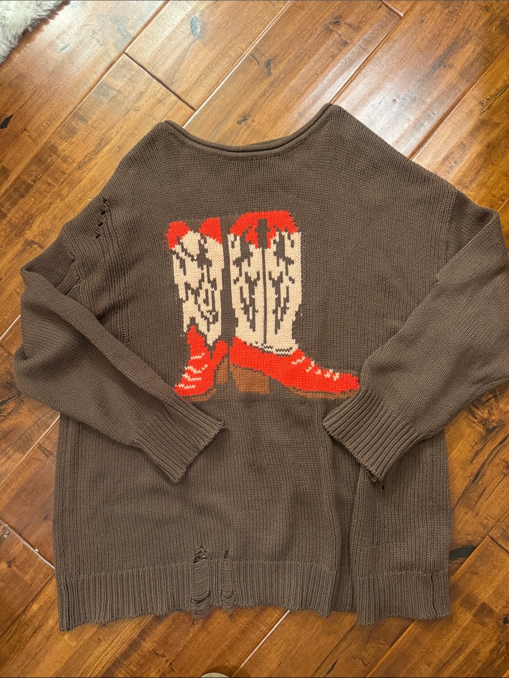 BDG Brown Crewneck Sweater with Red and Cream Cowboy Boot Motif